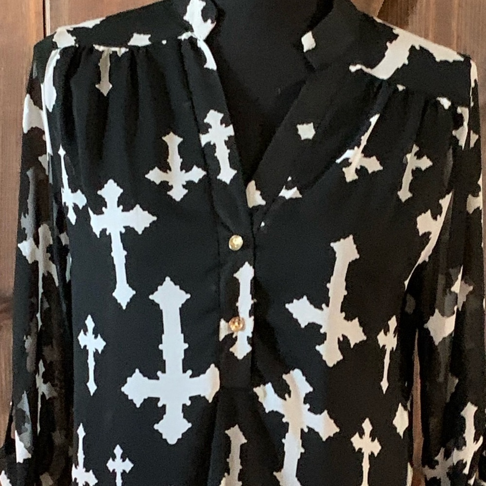 Black Sheer Tunic Blouse White Cross Print